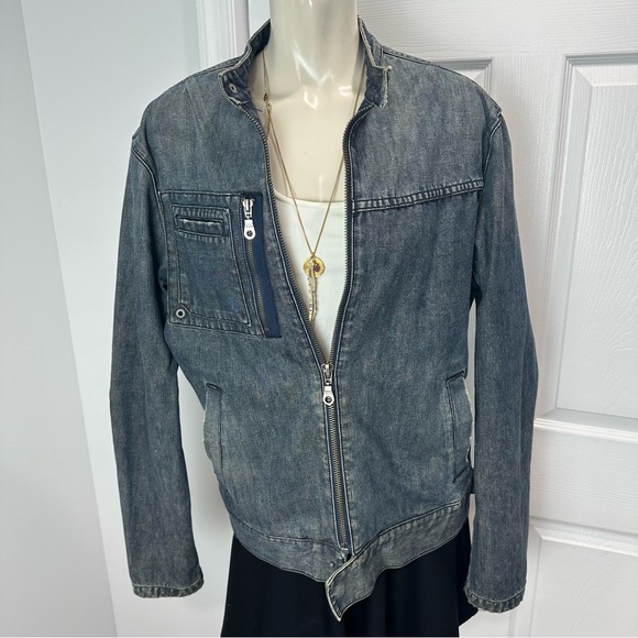 GUESS CAFE RACER jean jacket ZIP FRONT distressed blue denim UNISEX blue jean L - Picture 10 of 14